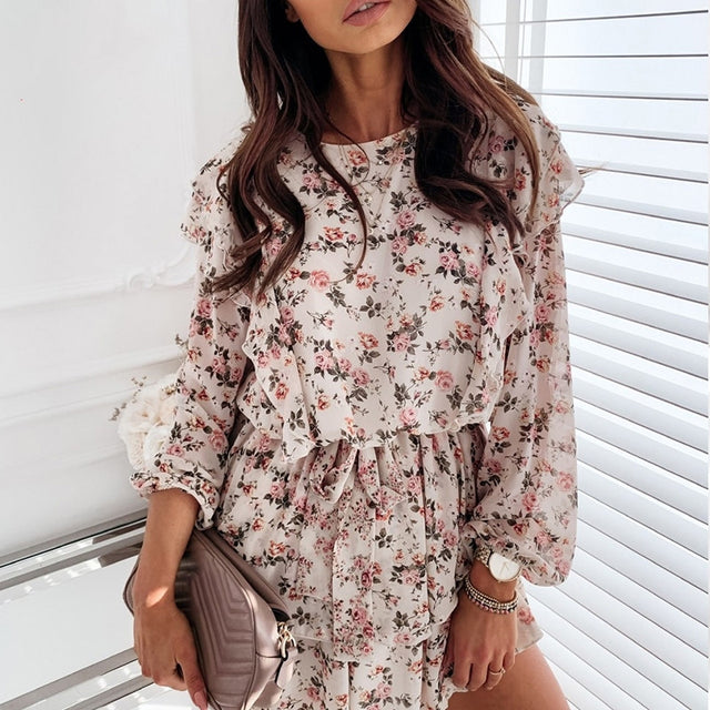 Floral Print Dress For Women Casual Long Sleeve Dress Party