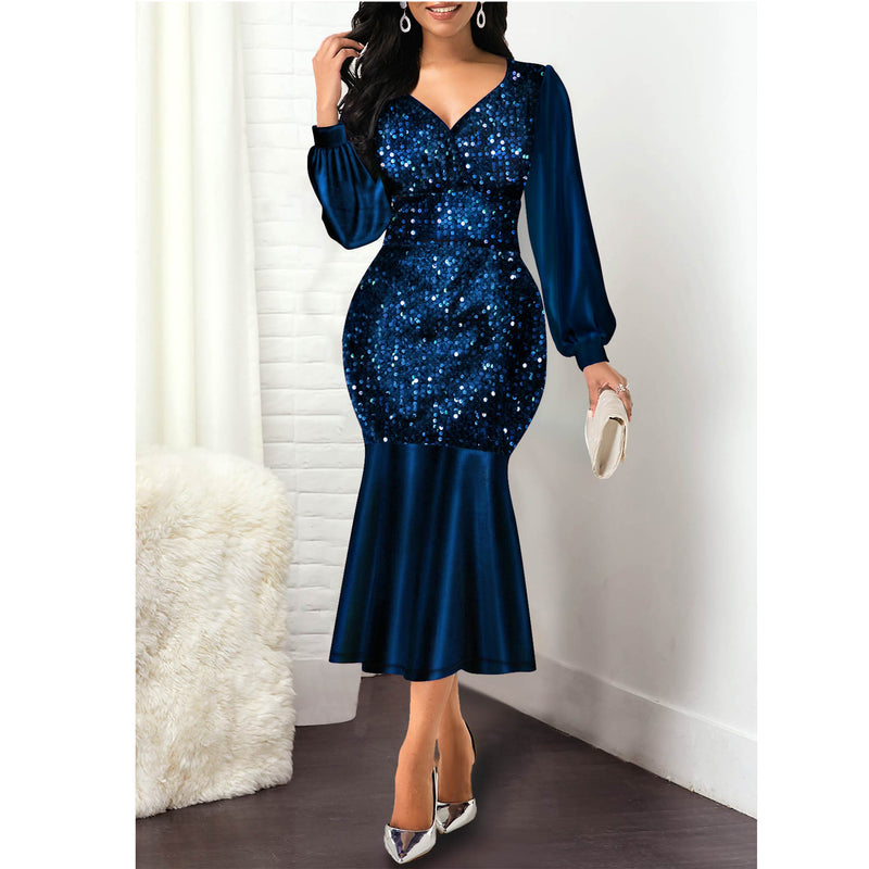 Stitching Sequined Slim High-waisted Fishtail Party Dress Women