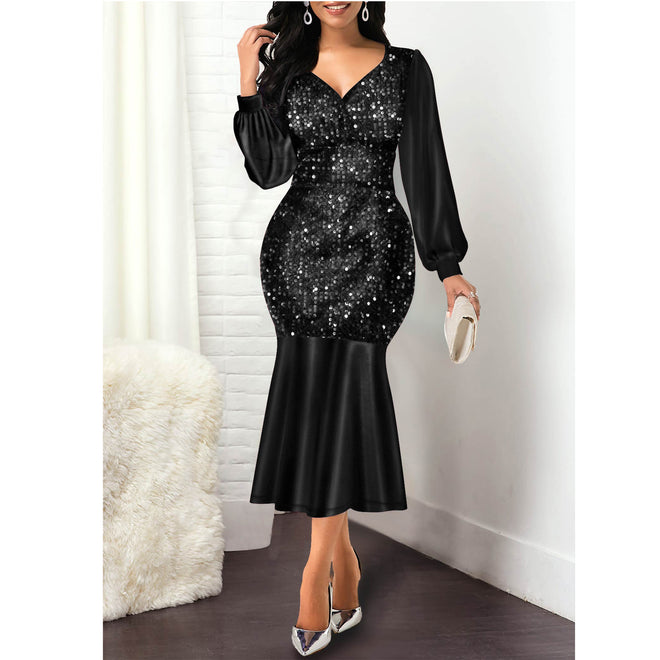 Stitching Sequined Slim High-waisted Fishtail Party Dress Women