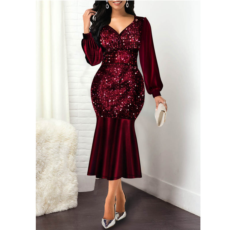 Stitching Sequined Slim High-waisted Fishtail Party Dress Women