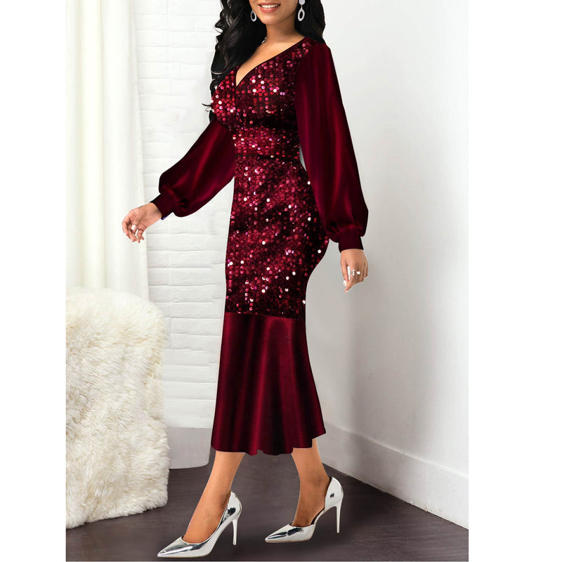Stitching Sequined Slim High-waisted Fishtail Party Dress Women
