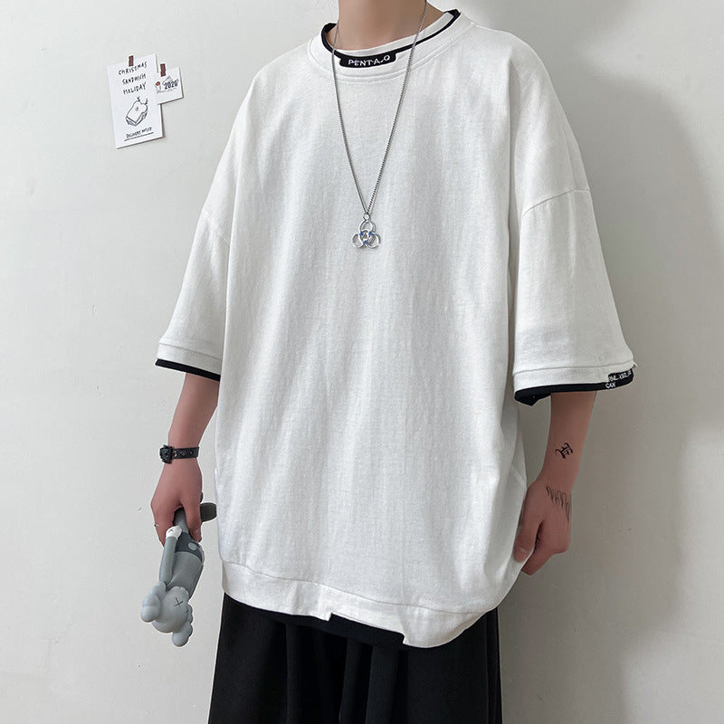 Colorblock fake two pieces of solid color simple straight 3/4 sleeves