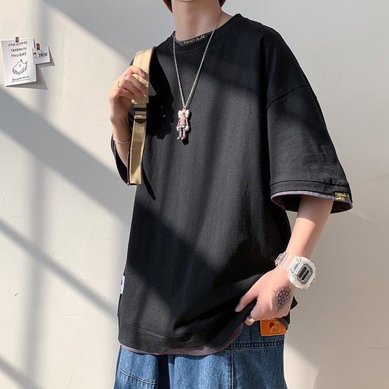 Colorblock fake two pieces of solid color simple straight 3/4 sleeves