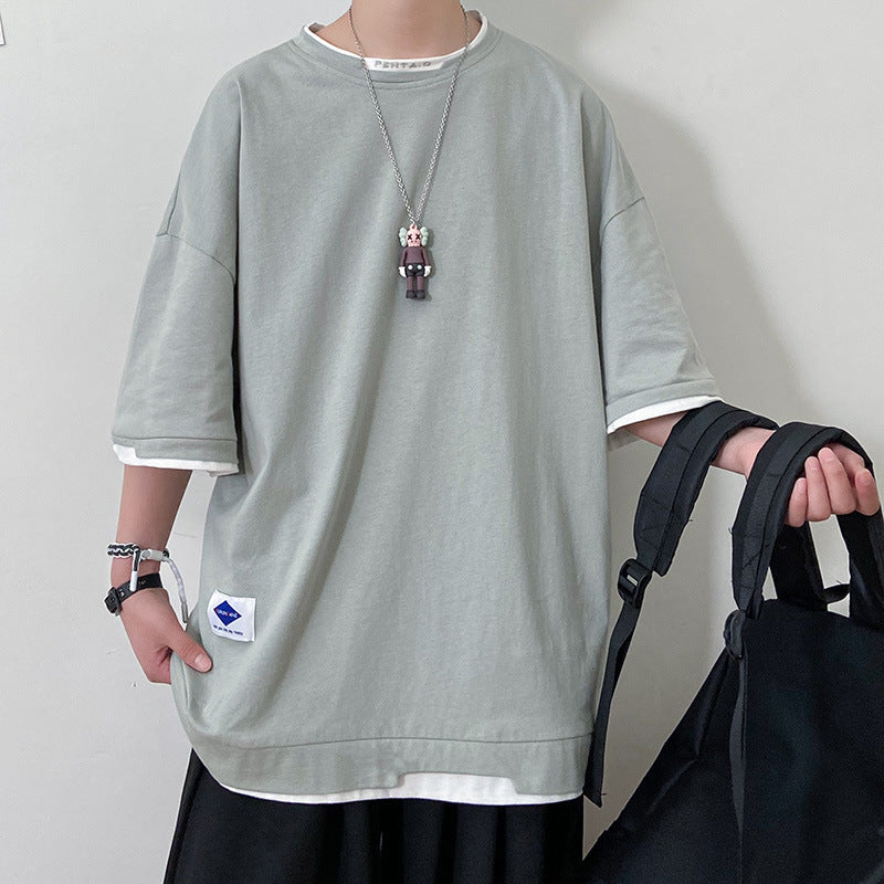Colorblock fake two pieces of solid color simple straight 3/4 sleeves