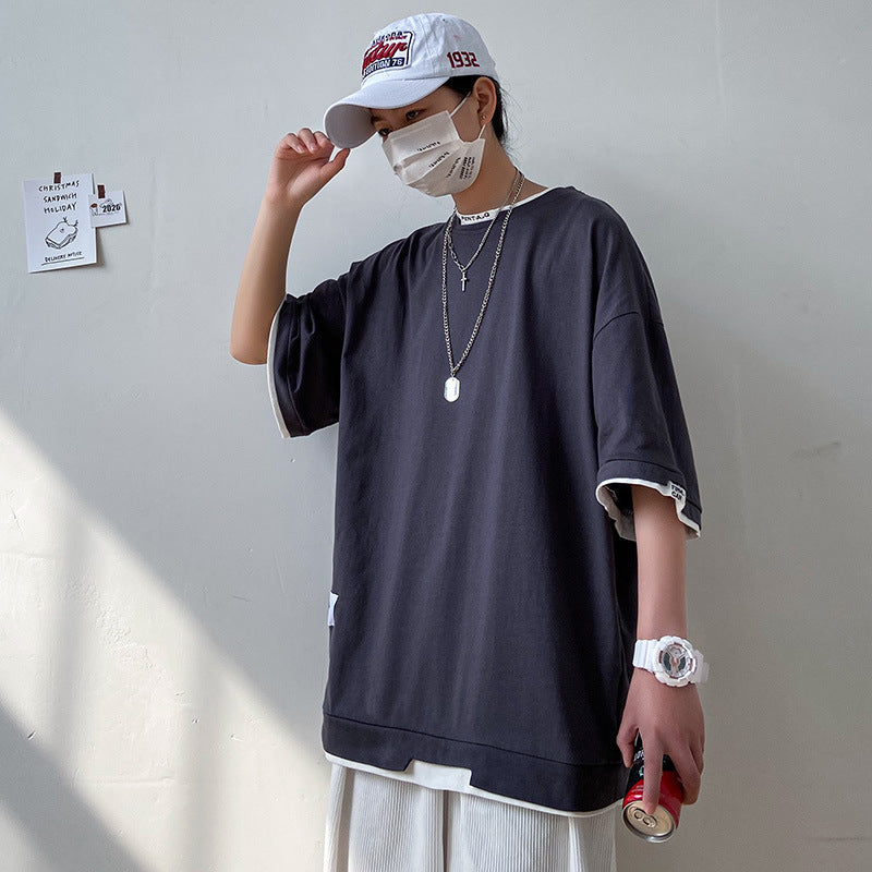 Colorblock fake two pieces of solid color simple straight 3/4 sleeves