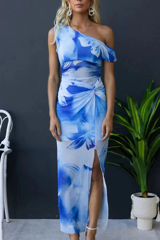 Oblique Shoulder Printed Casual Dress Women