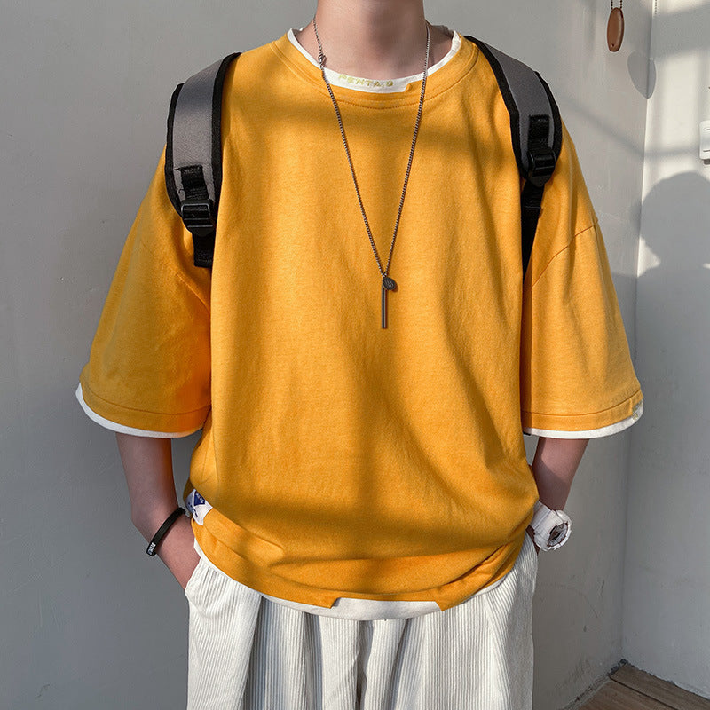 Colorblock fake two pieces of solid color simple straight 3/4 sleeves