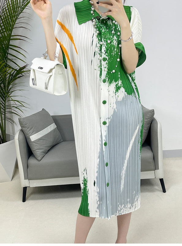Pleated Casual Printed Cardigan Dress Women