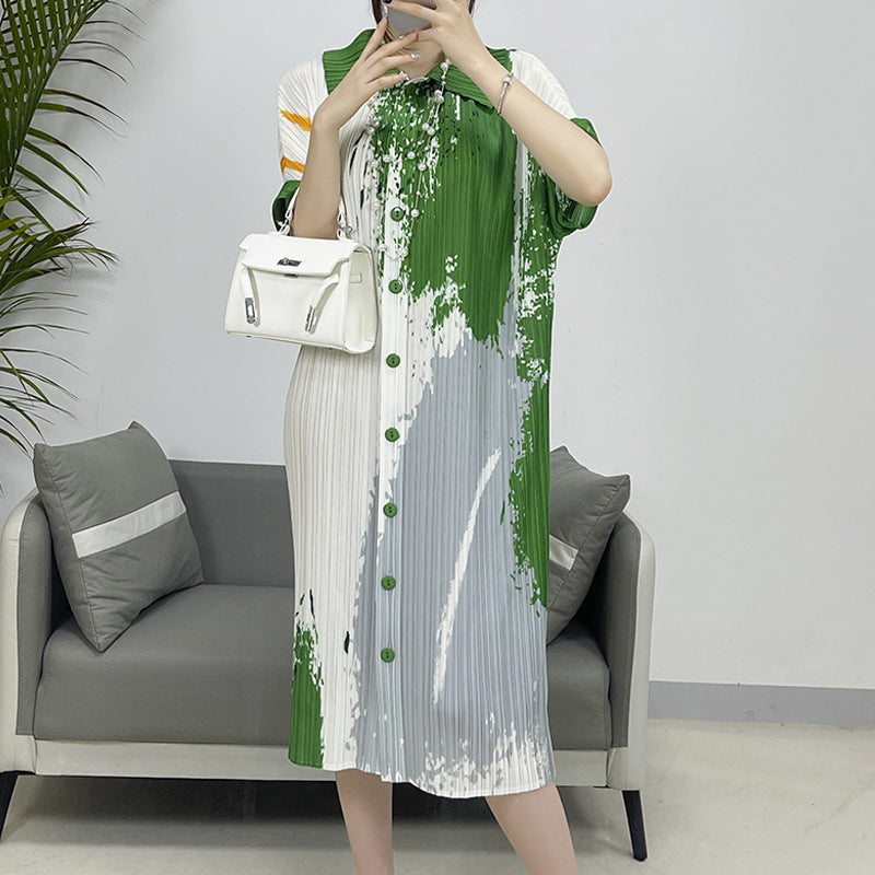 Pleated Casual Printed Cardigan Dress Women